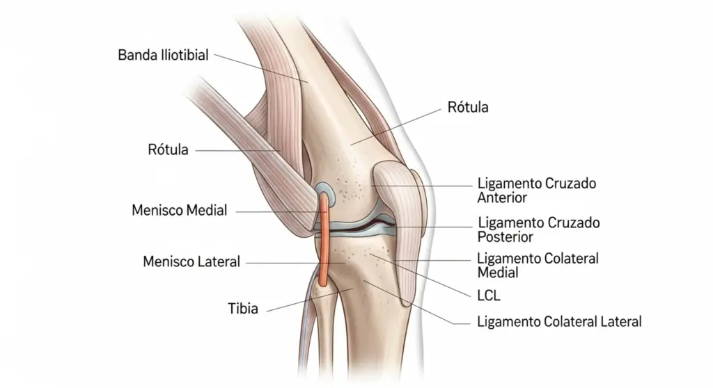 Ilustración anatómica de la rodilla mostrando la cintilla iliotibial y estructuras principales