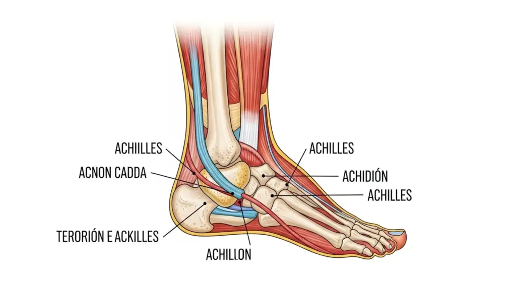 Ilustración anatómica del tendón de Aquiles conectando los gemelos con el calcáneo