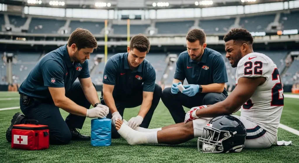 Equipo médico atendiendo una lesión de tobillo de un futbolista al borde del campo