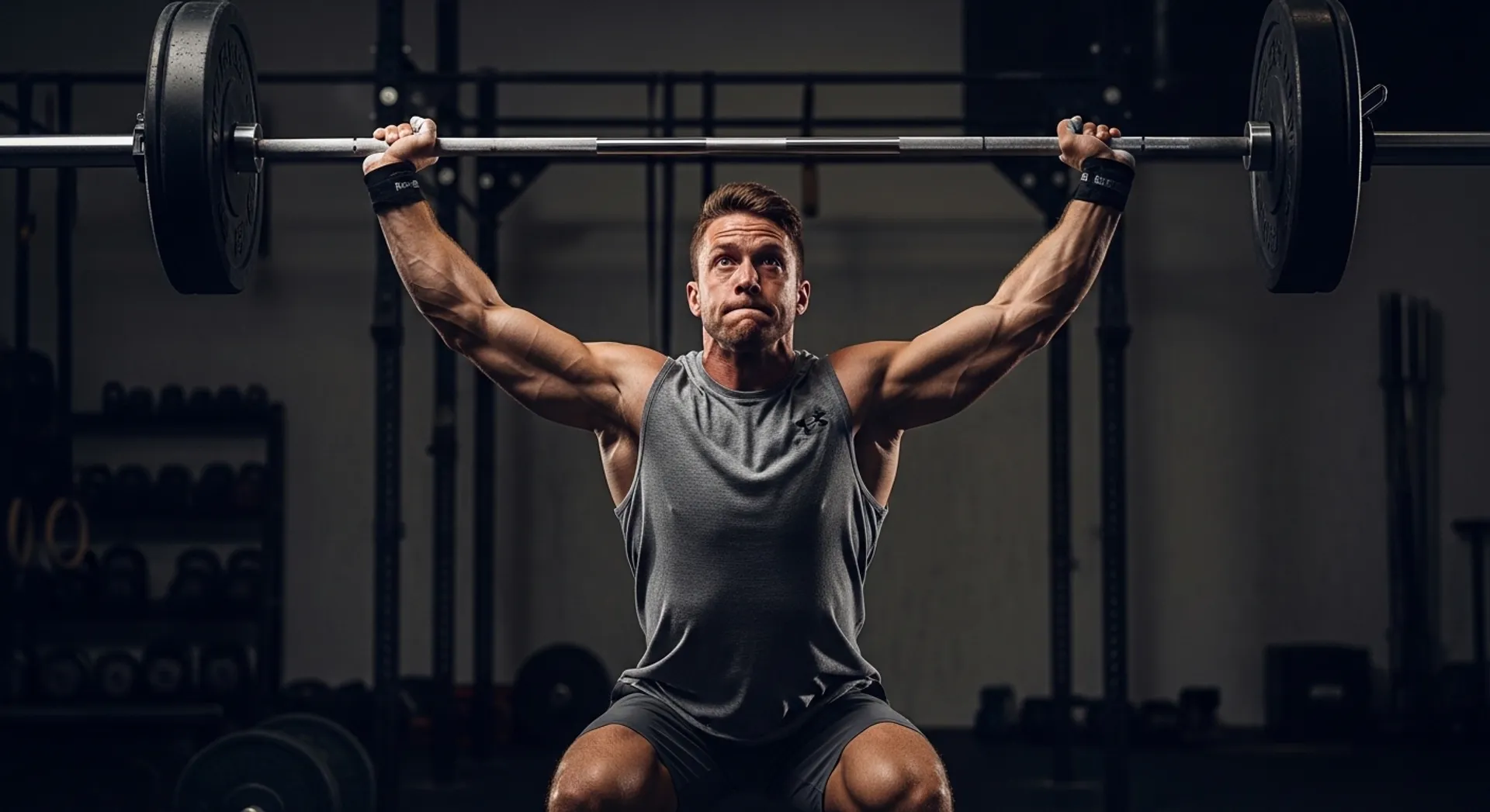 Atleta de CrossFit realizando press de hombros con barra en un gimnasio moderno