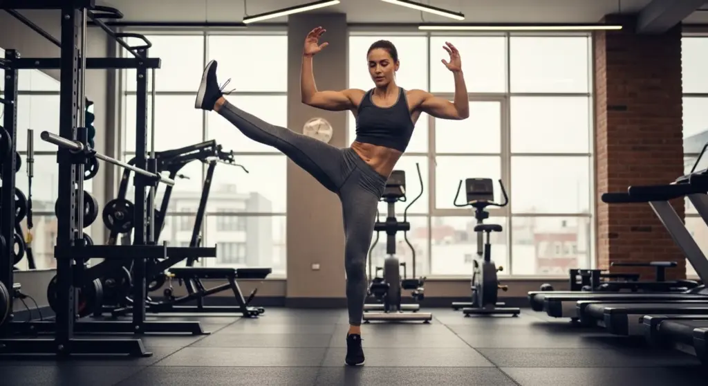 Persona realizando calentamiento dinámico con estiramientos antes de entrenar en el gimnasio