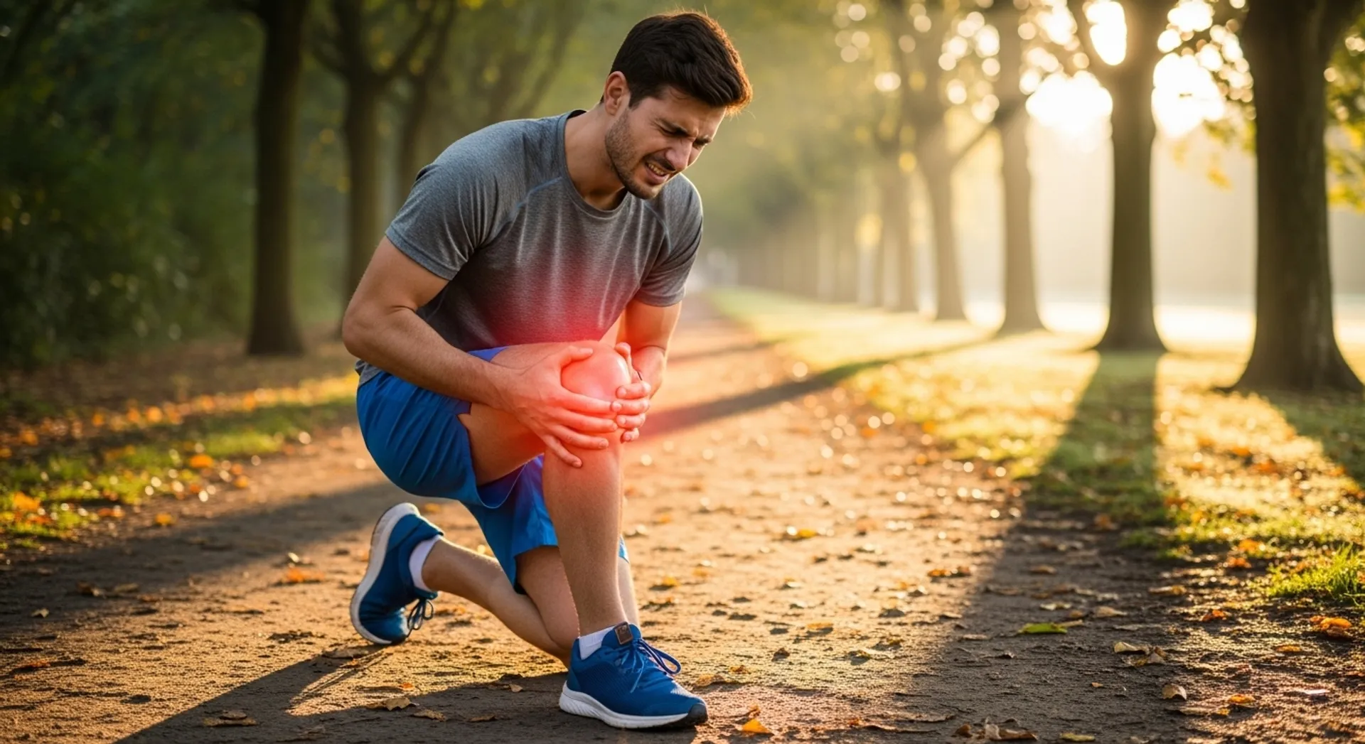 Corredor sujetándose la rodilla con dolor durante una carrera matutina en un parque