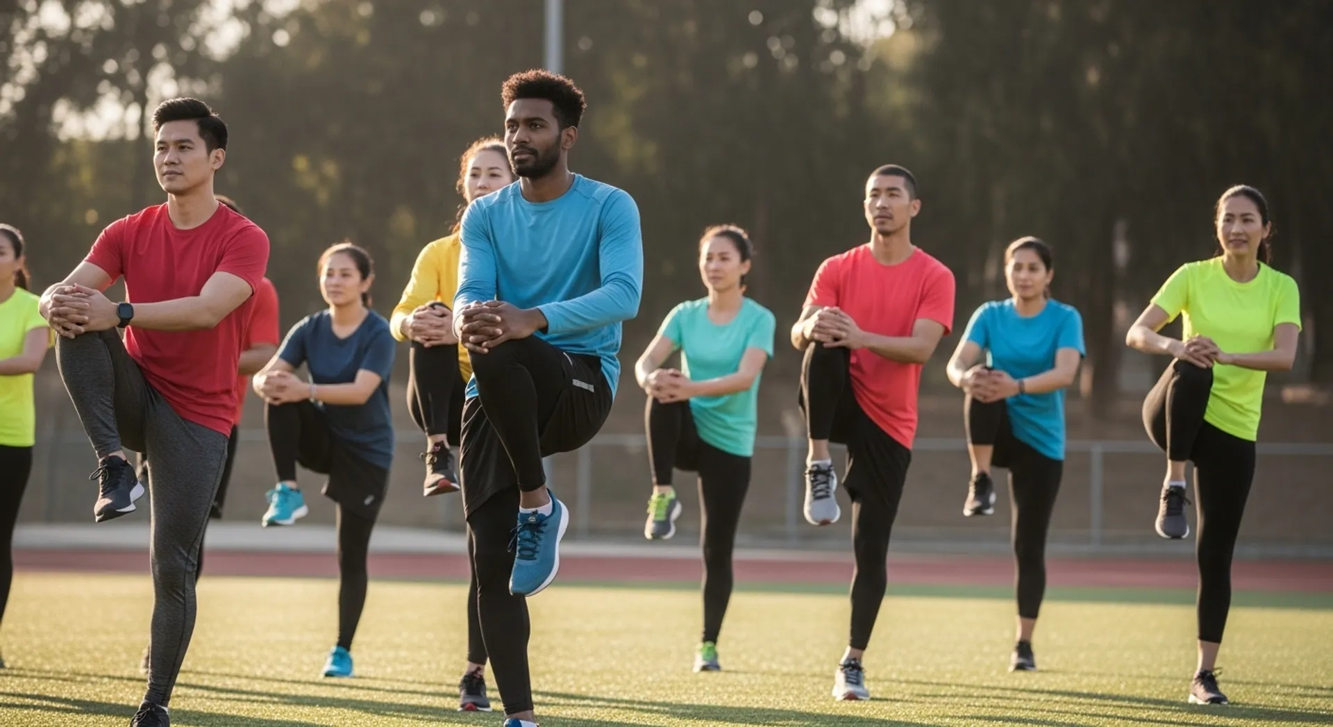 Grupo de deportistas realizando estiramientos para evitar lesiones deportivas