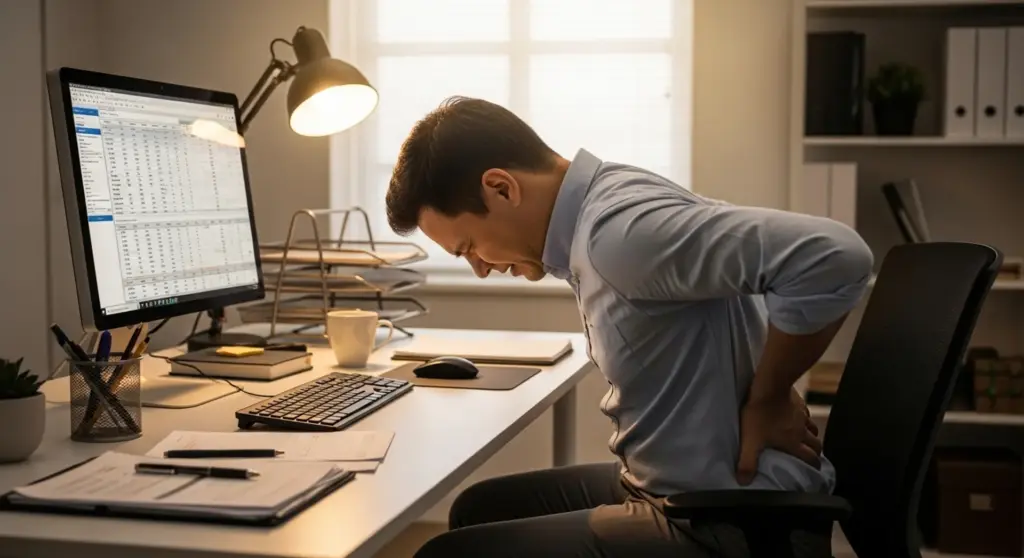 Persona con dolor lumbar en la oficina debido a mala postura prolongada