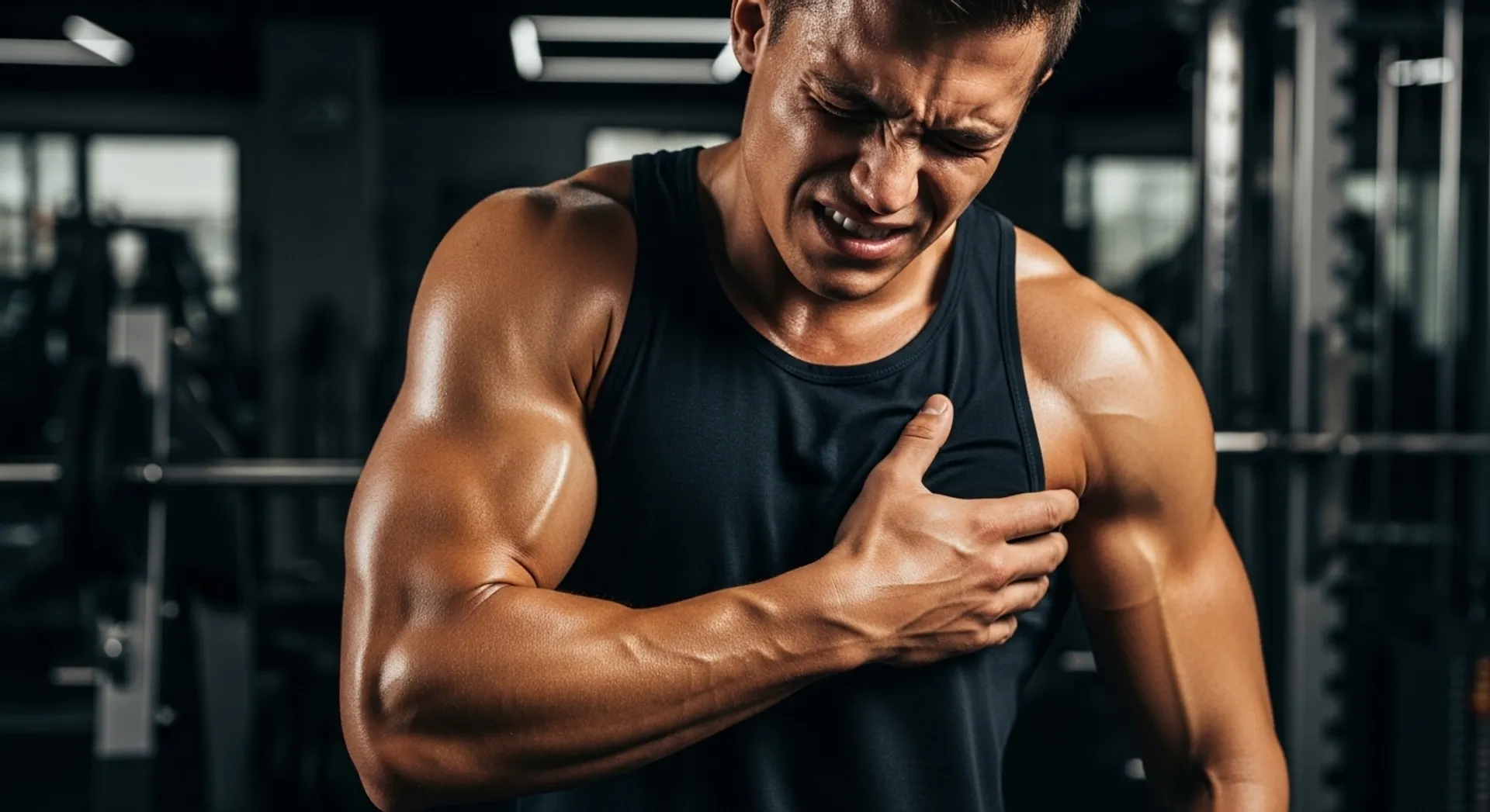 Deportista sujetándose el hombro con dolor muscular tras levantar pesas en el gimnasio