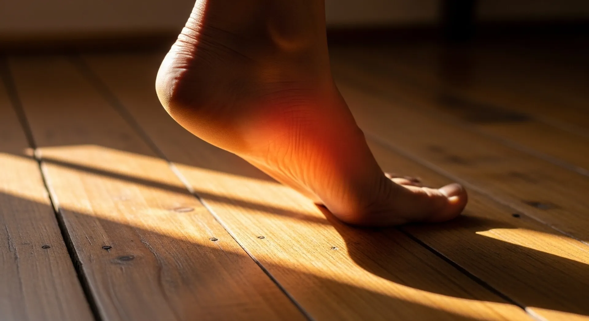 Persona presionando el talón del pie mostrando el punto de dolor típico de la fascitis plantar