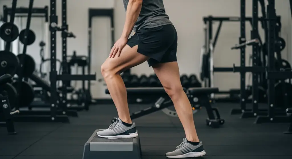 Ejercicio excéntrico de descenso de talón en escalón para rehabilitación del tendón de Aquiles