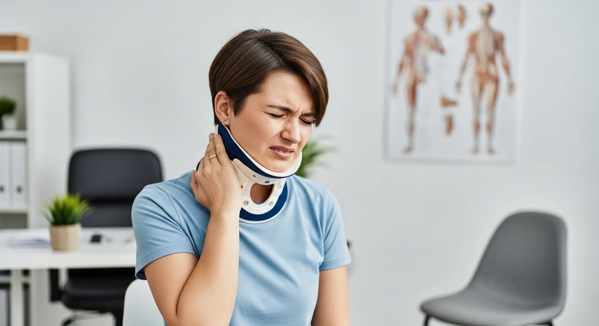 Persona con collarín cervical mostrando molestia en el cuello tras esguince cervical