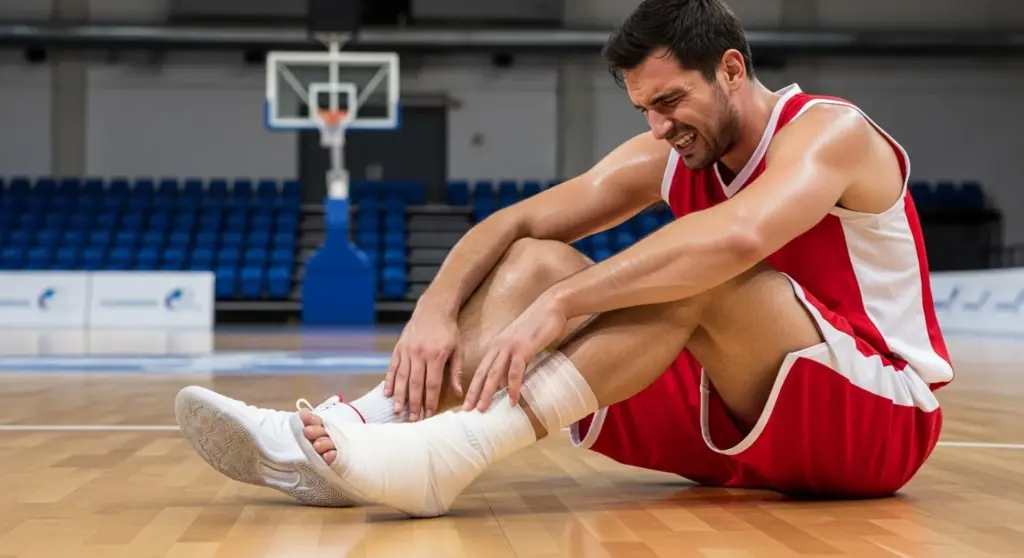Jugador de baloncesto con tobillo vendado tras sufrir un esguince de tobillo