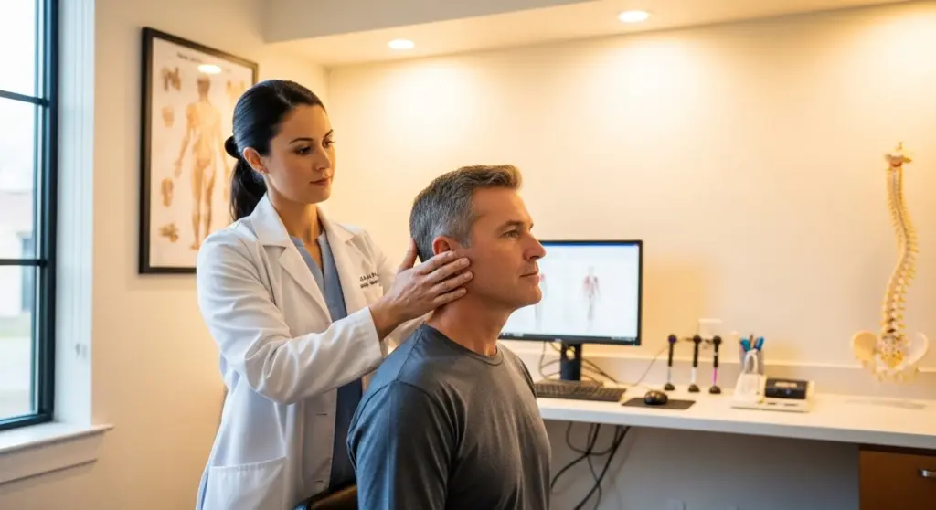 Médico evaluando la movilidad cervical de un paciente tras esguince cervical