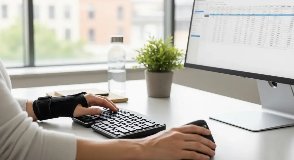 Persona con férula de muñeca usando teclado ergonómico para tratar el túnel carpiano