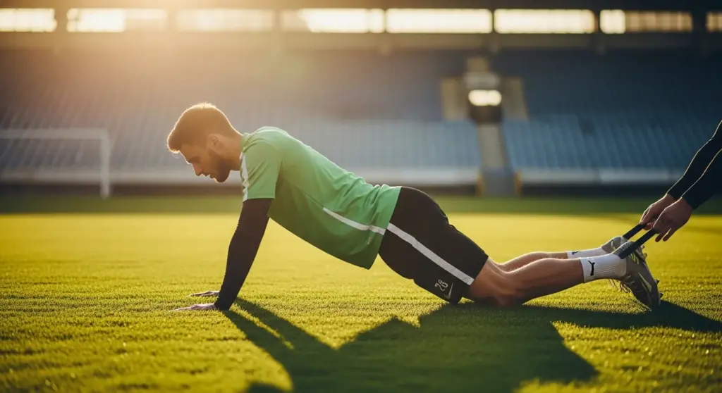 Futbolista realizando ejercicios del programa FIFA 11+ de prevención de lesiones