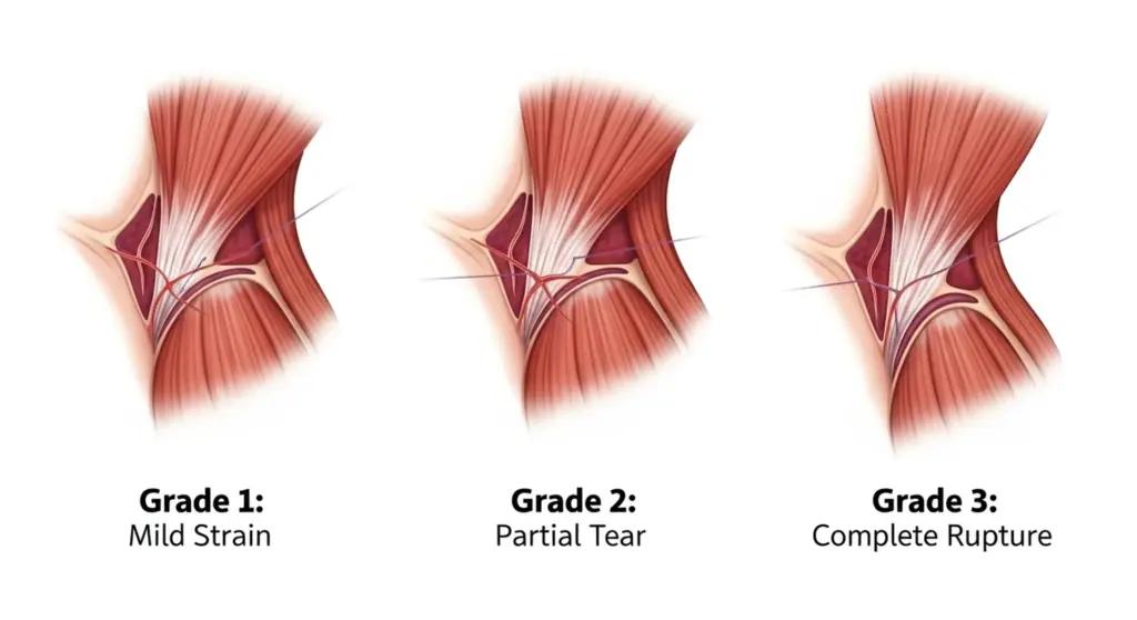 Ilustración médica de los tres grados de lesión muscular: leve, parcial y completa