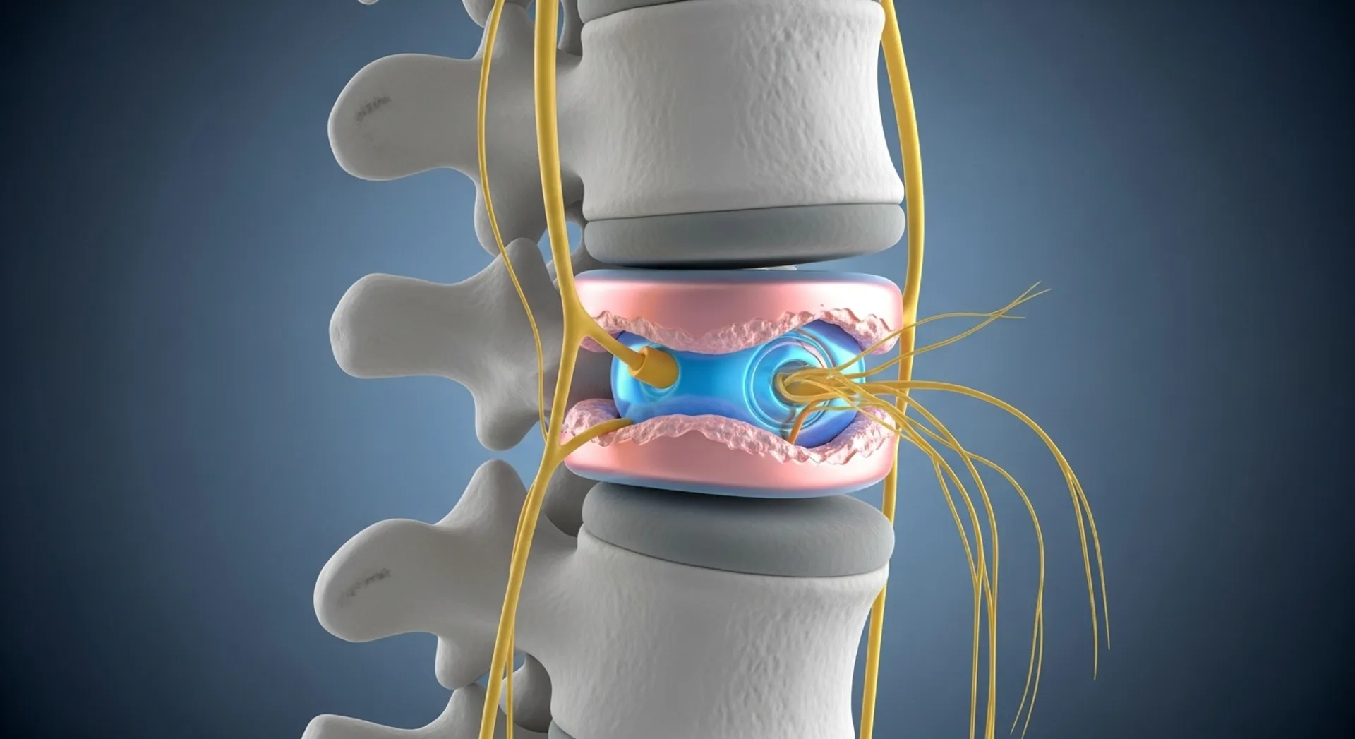 Ilustración 3D de una hernia discal lumbar mostrando el disco protruido y compresión del nervio