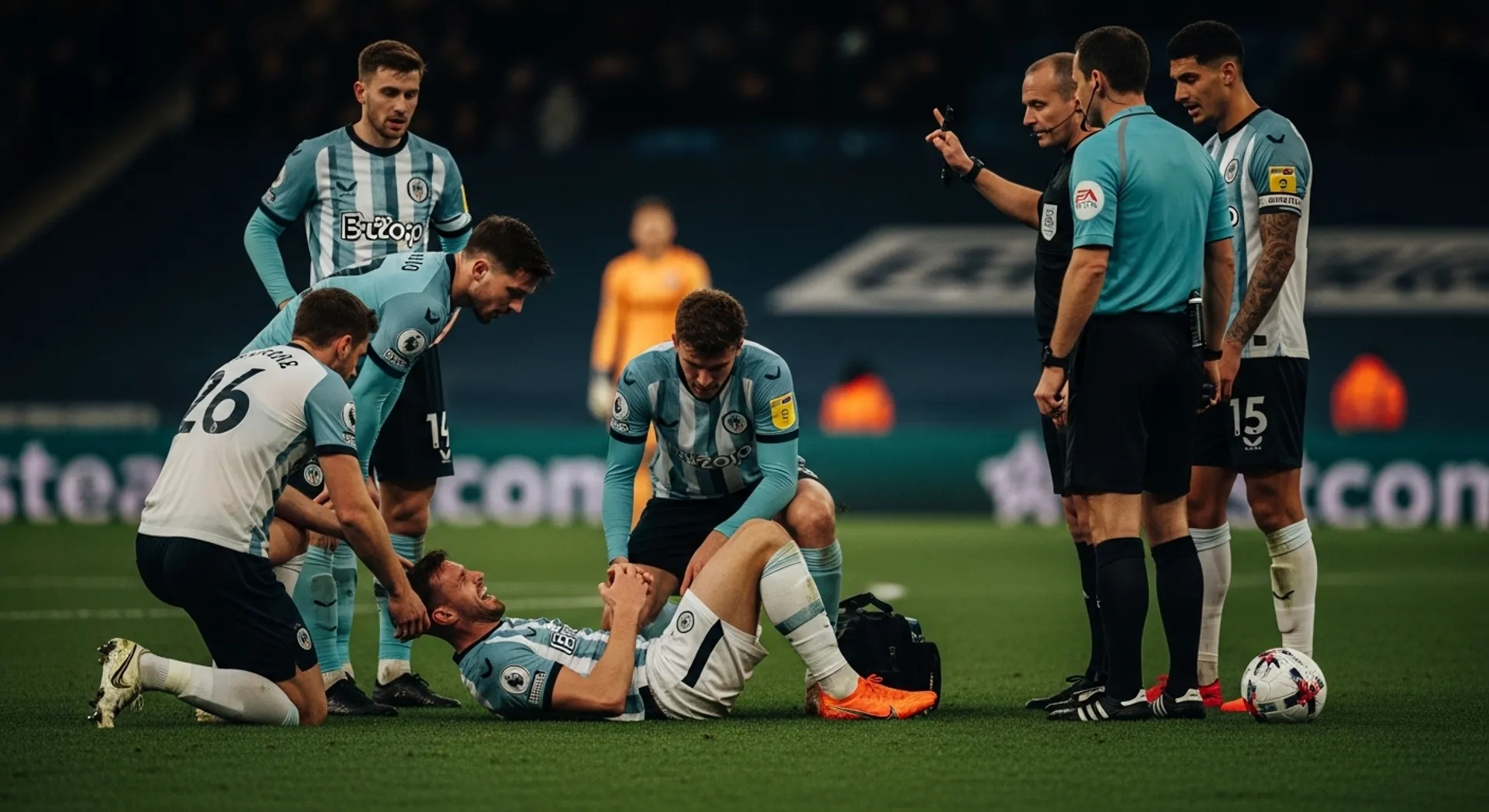 Futbolista tumbado en el campo sujetándose la rodilla tras sufrir una lesión durante un partido