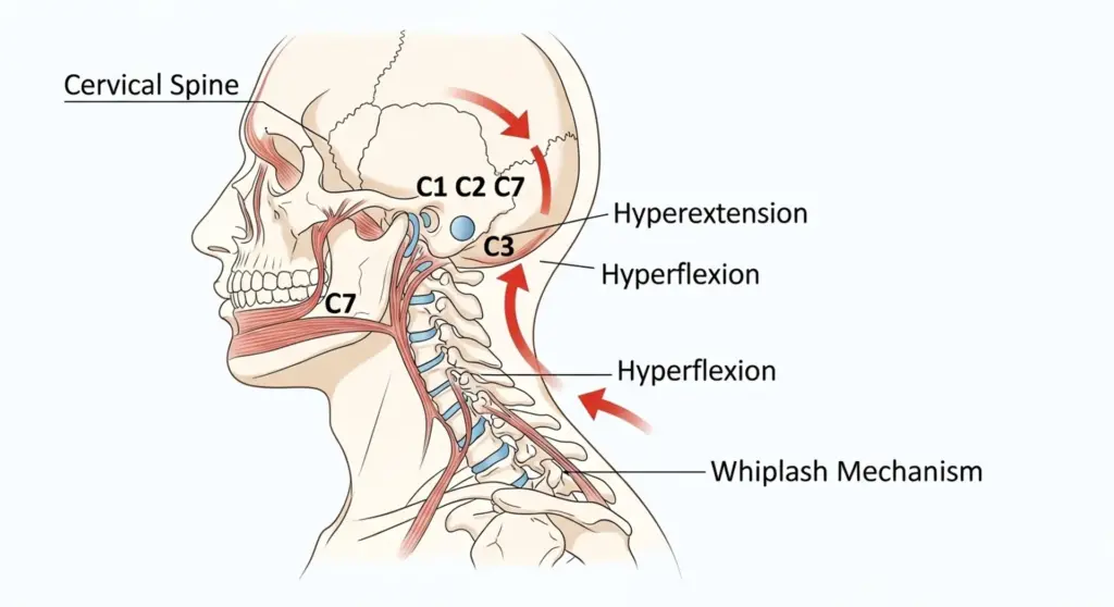 Ilustración del mecanismo de latigazo cervical mostrando el movimiento brusco del cuello