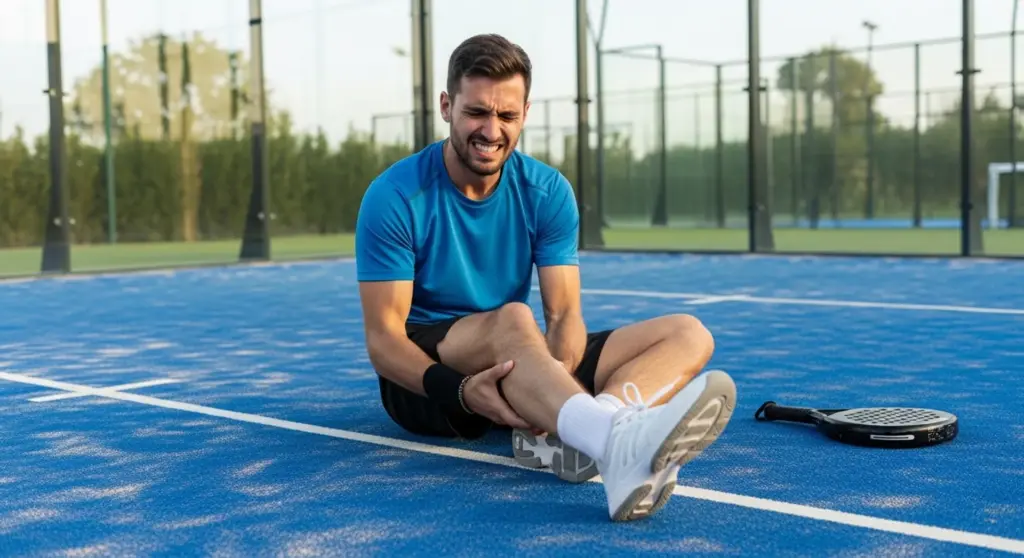 Jugador de pádel en la pista con lesión de tobillo