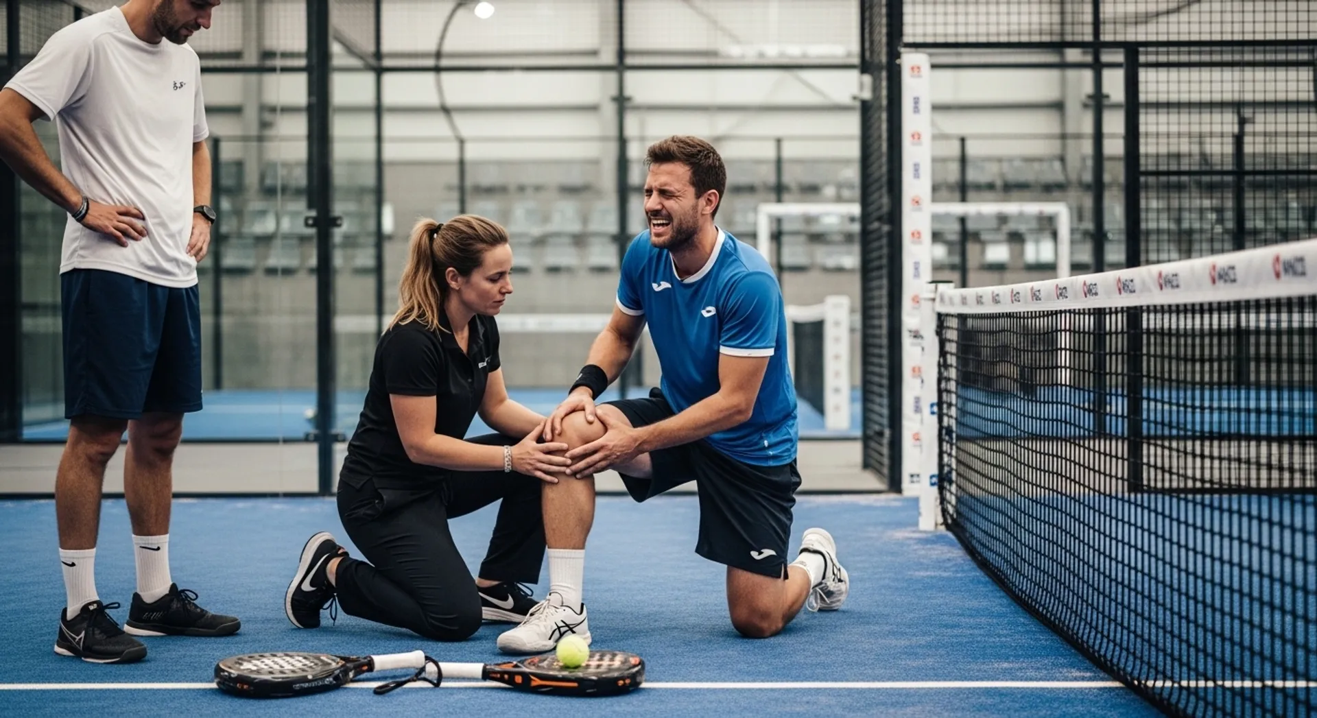 Jugador de pádel recibiendo atención médica por una lesión de rodilla