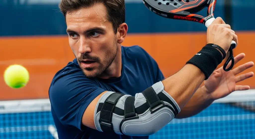 Jugador de pádel con soporte en el codo para prevenir lesiones de codo