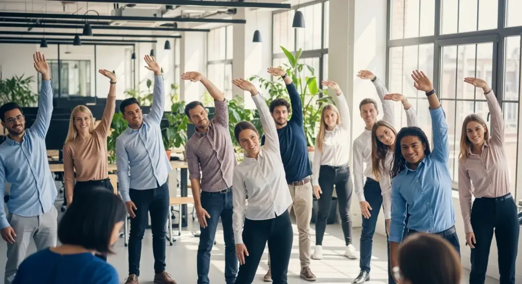 Empleados realizando ejercicios de estiramiento durante una pausa activa laboral