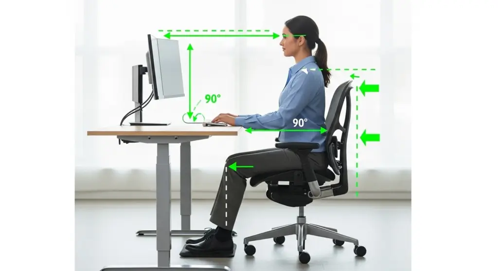 Puesto de trabajo ergonómico mostrando la postura correcta y ajustes de escritorio