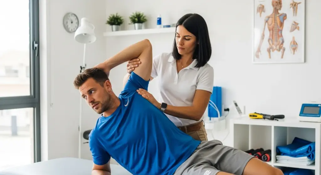 Fisioterapeuta tratando el hombro de un jugador de pádel lesionado