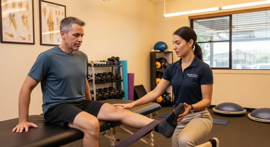 Fisioterapeuta guiando ejercicios de rehabilitación para una lesión de rodilla