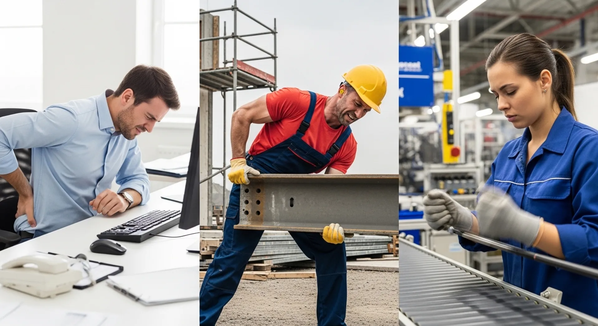 Escenarios laborales que causan lesiones: oficina, construcción y fábrica mostrando riesgos comunes
