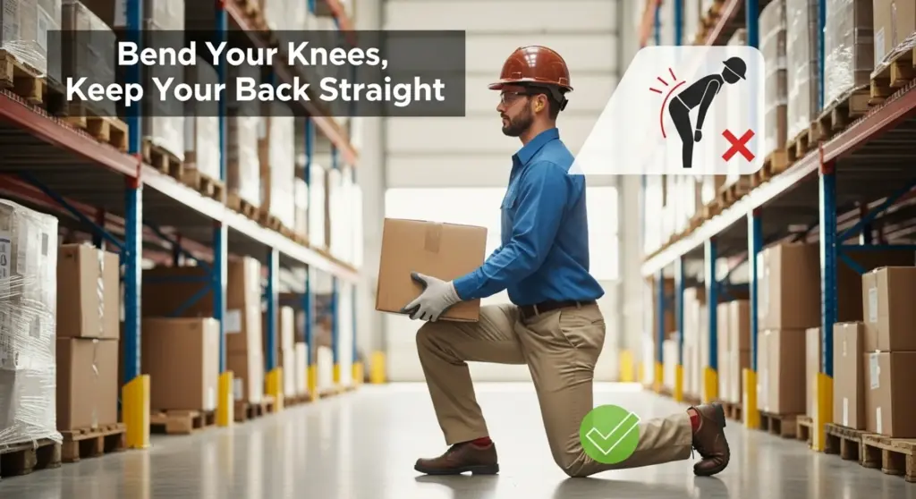 Trabajador demostrando la técnica correcta de levantamiento de cargas con espalda recta