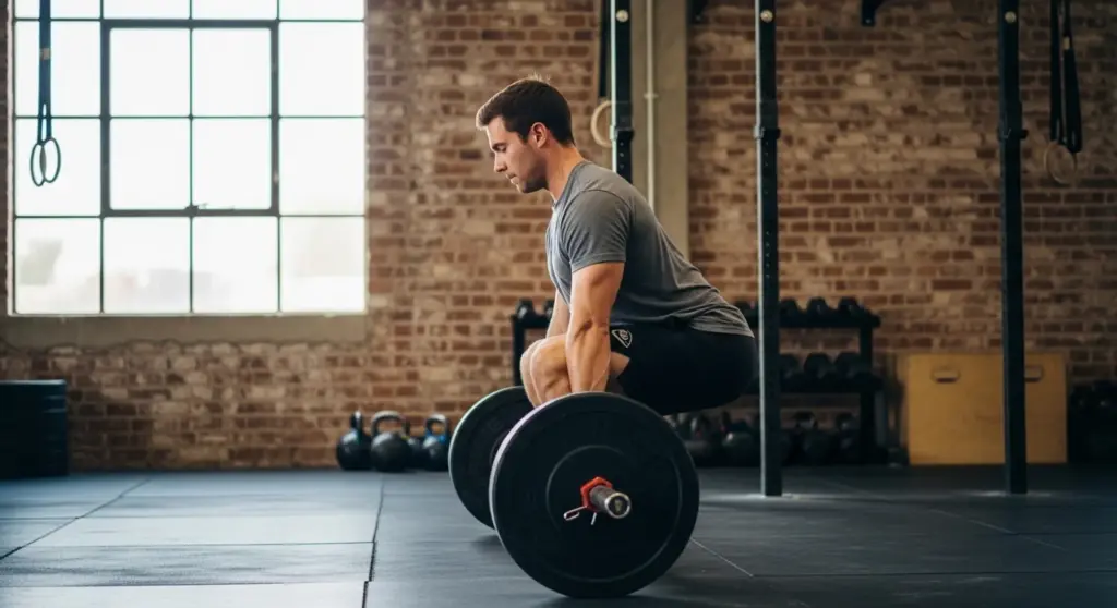 Atleta ejecutando peso muerto con técnica correcta para prevenir lesiones lumbares