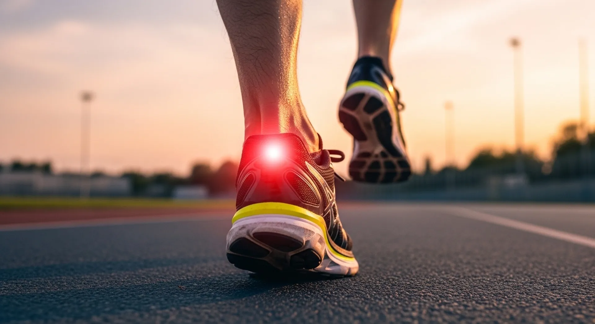 Tendón de Aquiles de un corredor con indicación de zona inflamada durante carrera al atardecer
