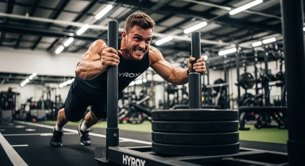 lesiones en HYROX durante empuje de trineo en entrenamiento funcional