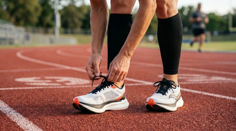 Corredor usando zapatillas con placa de carbono antes de entrenar en pista
