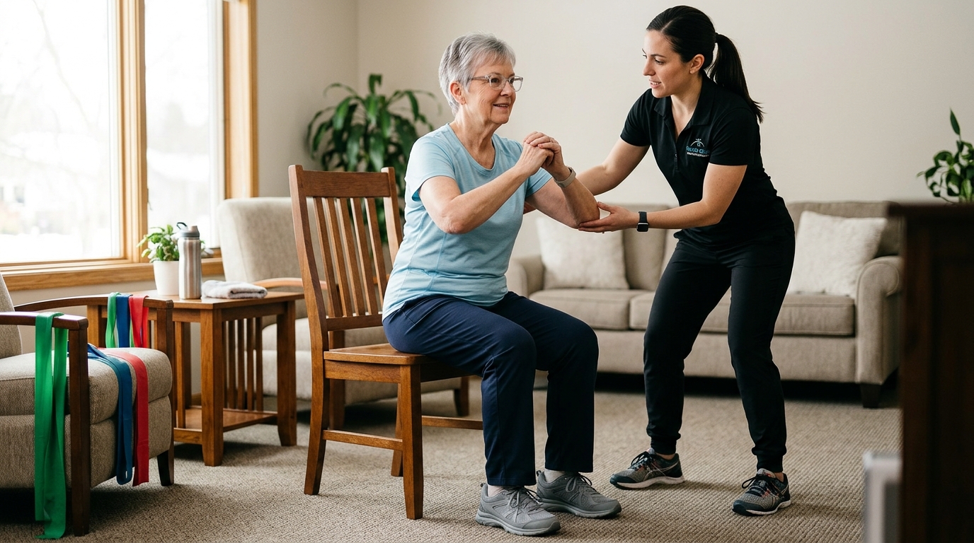 Ejercicio de sentarse y levantarse para fuerza y equilibrio en adultos mayores