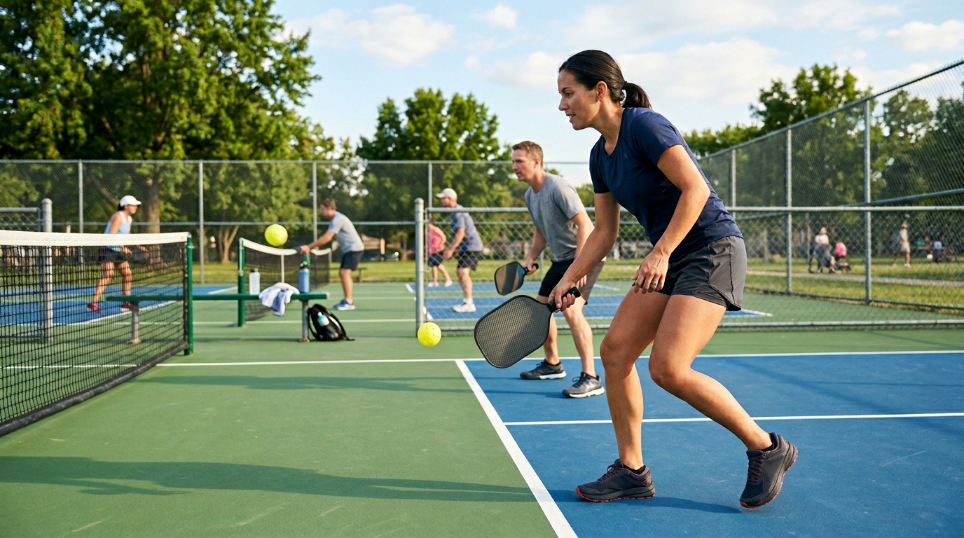 Jugadores practicando pickleball con prevención de lesiones en pista