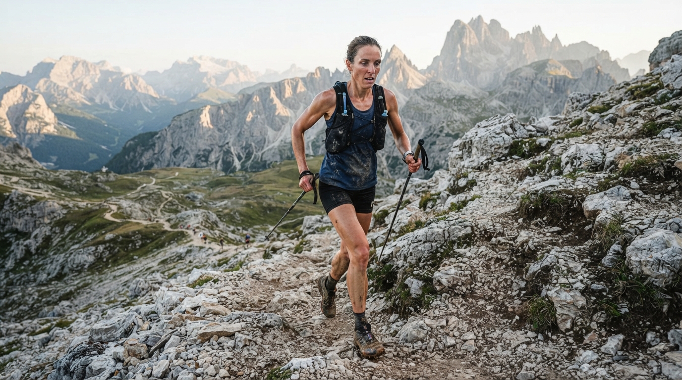 Corredor de ultra trail running en terreno de montaña durante una carrera de larga distancia