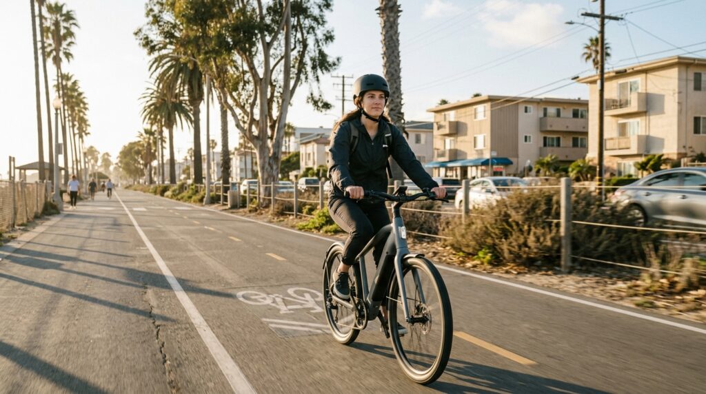 Ciclista con casco en bicicleta eléctrica durante 2026 para prevenir lesiones