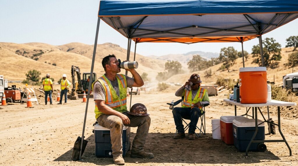 Trabajador descansando e hidratándose para prevenir lesiones por calor extremo